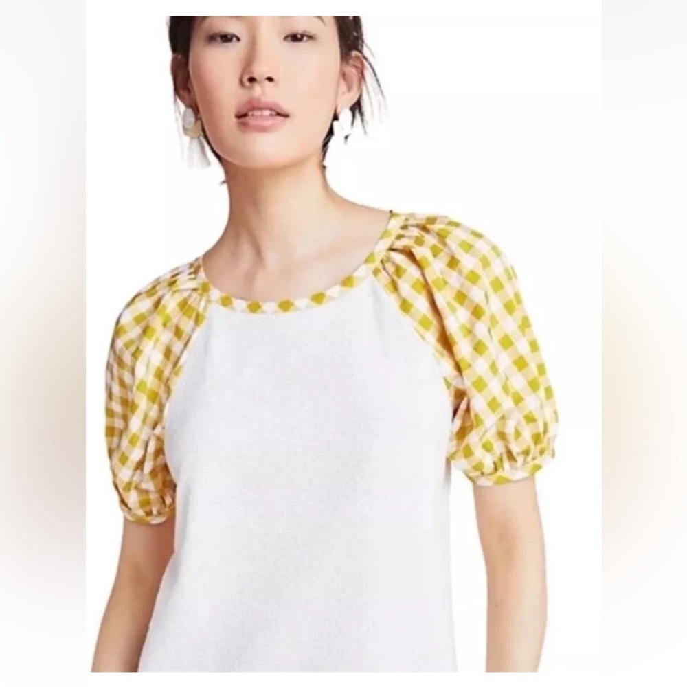 Anthropologie Gingham puff sleeve blouse small white yellow